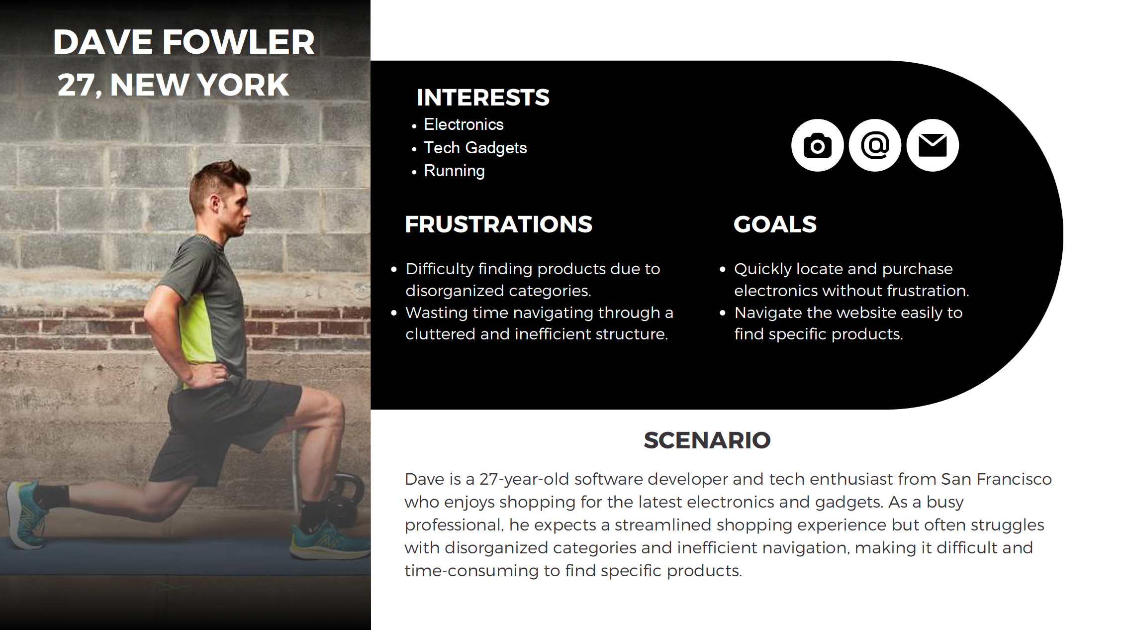 Dave Fowler persona card: 27-year-old software developer from New York