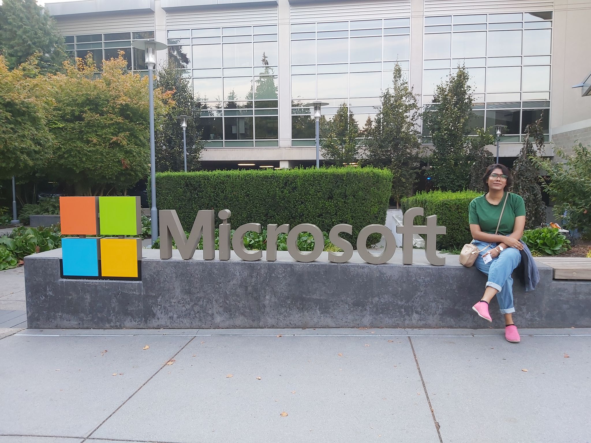 Mehak at the Microsoft sign in Redmond, Washington
